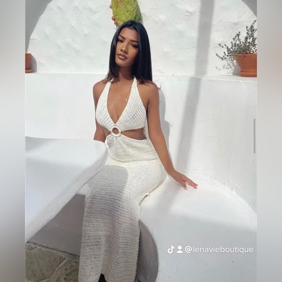 Lena Vie Knitted Maxi Coverup Dress In White With Cut Out Details & Low Back - Picture 3 of 14